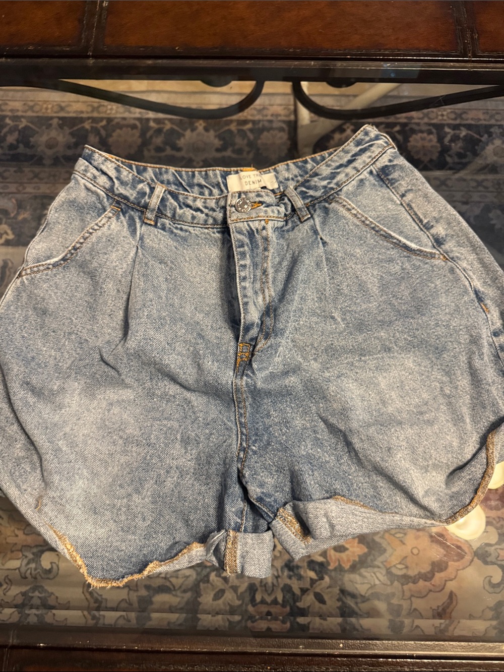 Love Tree Acid Wash Pleated Denim Shorts in Light Blue